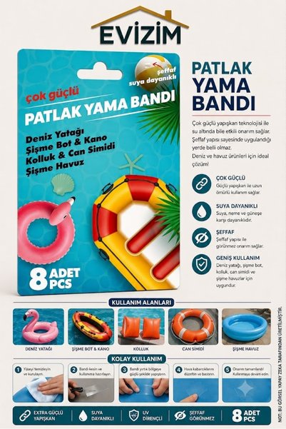 Evizim 8 Adet Şeffaf Patlak Yama Tamir Bandı Şişme Bot Deniz Yatağı Havuz Top...