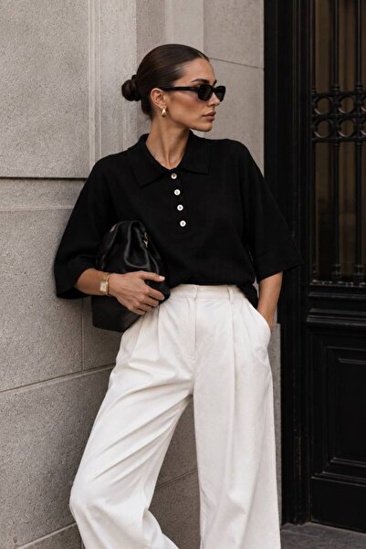 vuvutasarım Polo Collar Button Detailed Wide Sleeve Women's Blouse 52115209