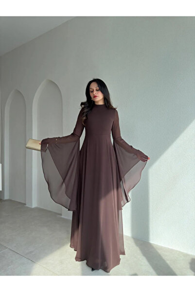 Mooi Butik AURORA Şifon Maxi Elbise 4386 - Acı Kahve