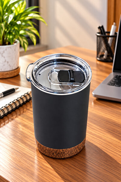 Generic Brand Stylish Black Thermal Mug with Secure Lid and Cork Base