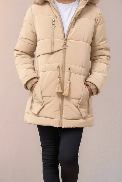 Naffy Girl's Comfortable Winter Fleece-Lined Hooded Waist Drawstring Coat