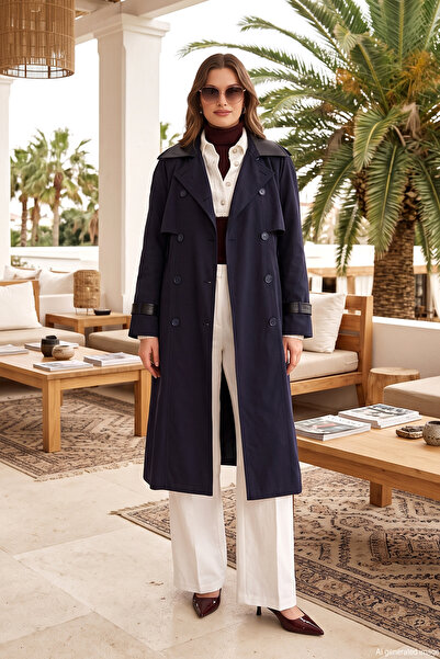 Levidor Leather Collar Detail Double Button Trench Coat with Belt Detail 5300...