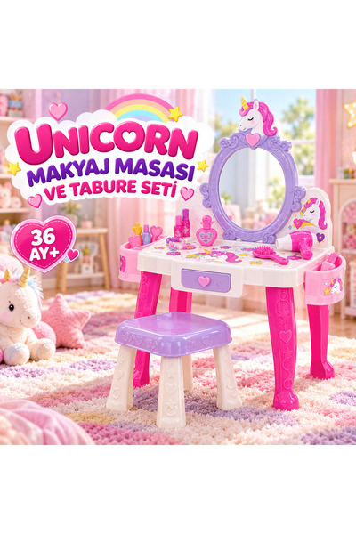 Golden Rainbow DOLU Unicorn Makyaj Masası Ve Tabure Seti