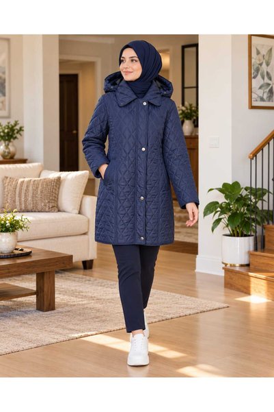 KMKkombin Women's Quilted Hooded Seasonal Tunic Coat