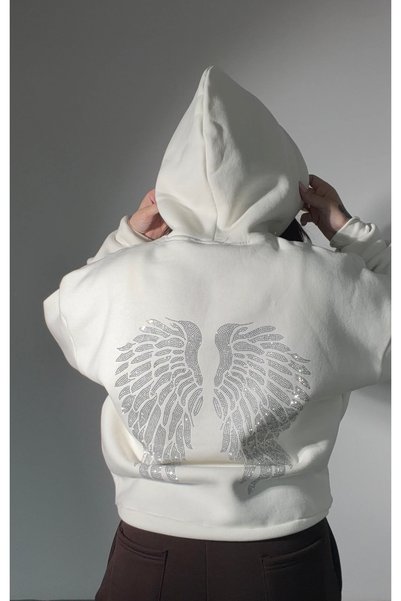 ayşenur Dinçer butik Wings Taşlı Sweatshirt Beyaz