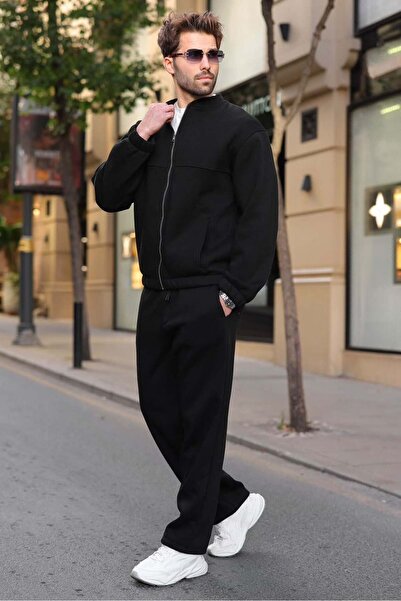 Madmext Black Hooded College Collar Relaxed Fit Men's Tracksuit Set E7376
