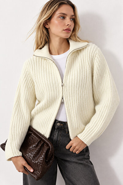 WILD BEE Women's Ecru Double Zipper Soft Textured Knitwear Cardigan