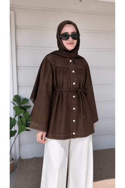 Hepsi Moda Pileli Kot Gömlek - Acı Kahve