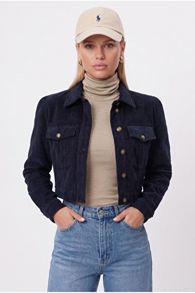 Ritnice Women's Daniel Lined Pocket Detailed Buttoned Crop Lux Indigo Jacket