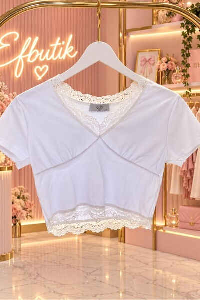 EFBUTİK White Lace Striped Double Breasted Collar Crop Blouse
