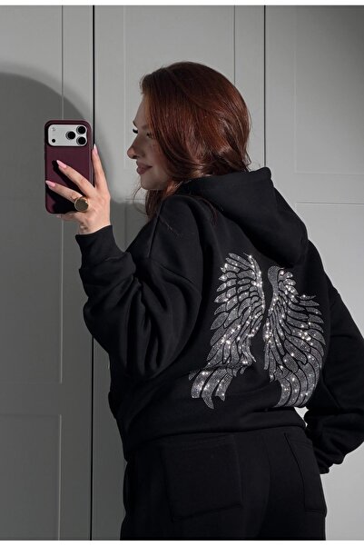 ayşenur Dinçer butik Wings Taşlı Sweatshirt Siyah
