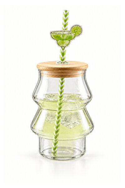 Jenisa Glass cup with bamboo lid and straw - green cocktail figured cold drink glass