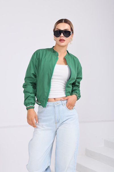 SahraAfra Women's Stand Collar Bomber Jacket with Pockets and Elastic Waist