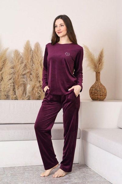 ALİMER Kışlık Uzun Kol Kadife Cepli Pijama Takımı-Kadın Mürdüm Bisiklet Yaka Düğmesiz İpeksi Yumuşak Velvet