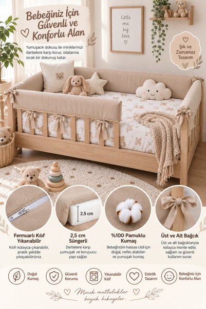 Jaju Baby 120x200 cm Tam Koruma Renk Özel Ölçü Montessori / Beşik Koruyucu 60...