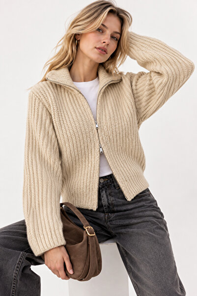 WILD BEE Women's Stone Double Zipper Soft Textured Knitwear Cardigan
