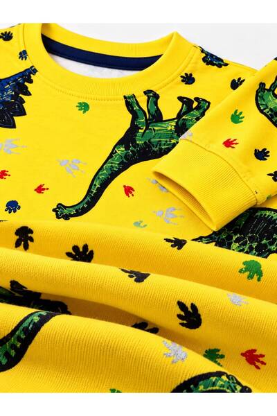 Fil Kids Boys 100% Cotton Yellow Color Dinosaurs Patterned Long Sleeve Winter Interlock Pajama Set