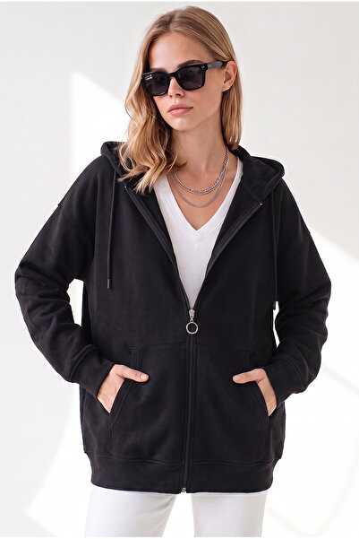 Olalook Women's Black Hooded Oversize Basic Sweatshirt with Kangaroo Pocket S...