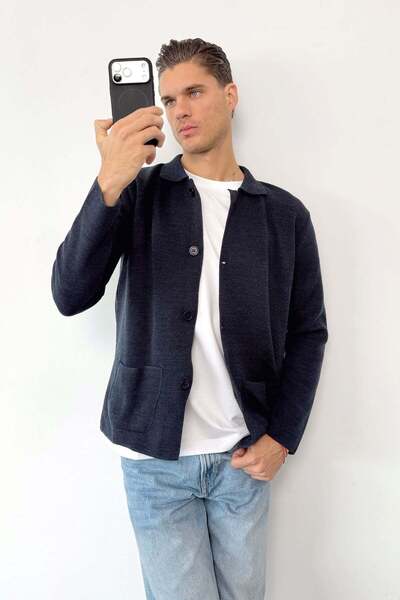 JB John Borners Men's Shirt Collar Buttoned Double Pocket Cardigan Navy Blue ...