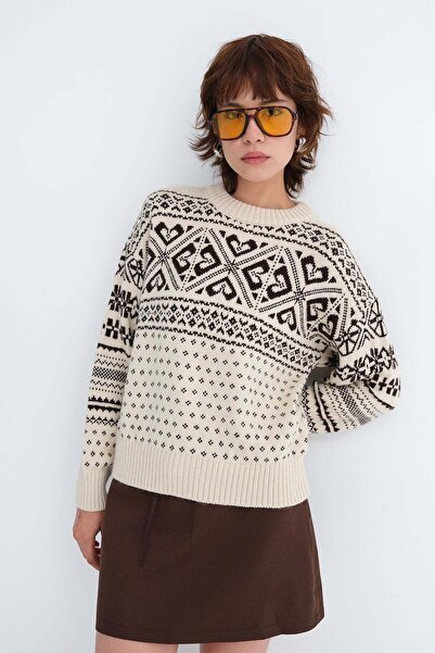 Addax Patterned Crew Neck Sweater K3562