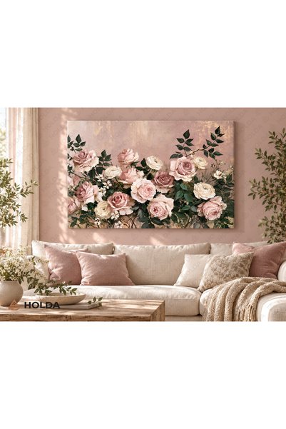 HOLDA Props Yatay Kanvas Tablo Pudra Pembe Beyaz Güller Romantik Çiçek Buketi...