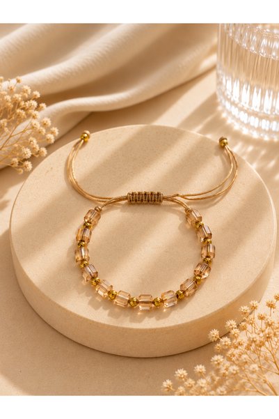 Desing Kristal Küp Taşlı Bej Gold Bileklik 3 Gr