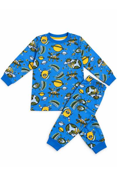 Fil Kids Boy's 100% Cotton Blue Color Space Planet Patterns Long Sleeve Interlock Winter Pajama Set