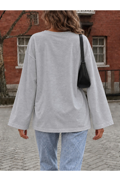 ÖZ PAMUK Women's Soft Crew Neck Oversized Fleece Inside Long Wide Sleeve Sweatshirt