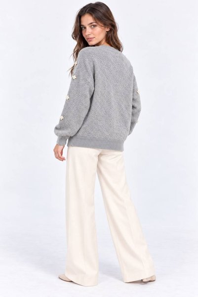 Sfg Life Moda Women's Pearl Detailed Buttoned Crew Neck Long Fleece Knitwear Jacket