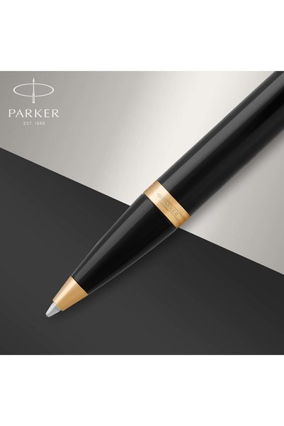 Parker IM Ballpoint Pen with Medium Point, Blue Ink, Glossy Black Lacquer Body with Gold Plated Parts