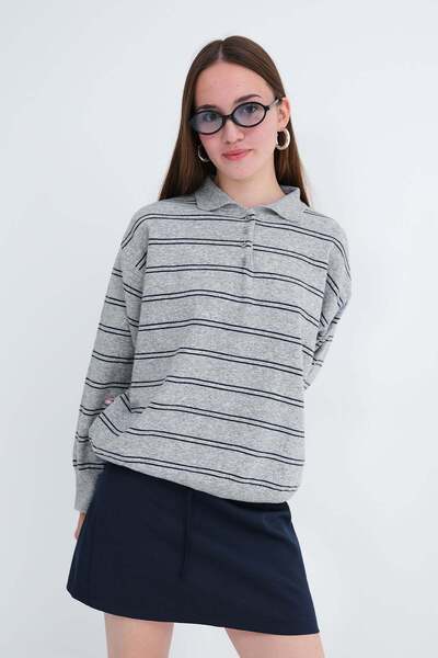 Addax Polo Collar Striped Sweatshirt K10338