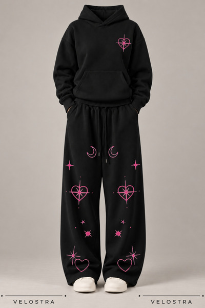 Velostra Women's Heart Star Printed Hooded Sweatshirt Wide Leg Sweatpants 100...