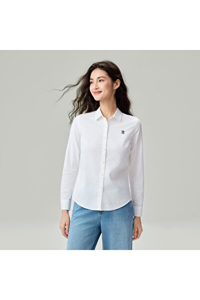 Giordano Women's Cotton Oxford Acute Collar Long Sleeve Shirt