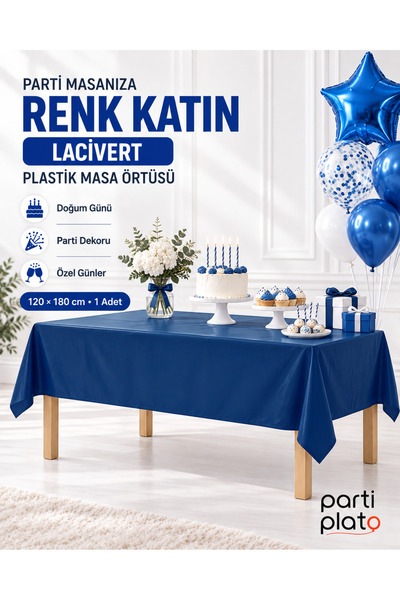 Parti Plato Lacivert Plastik Masa Örtüsü 120x180 cm Dikdörtgen Doğum Günü Par...