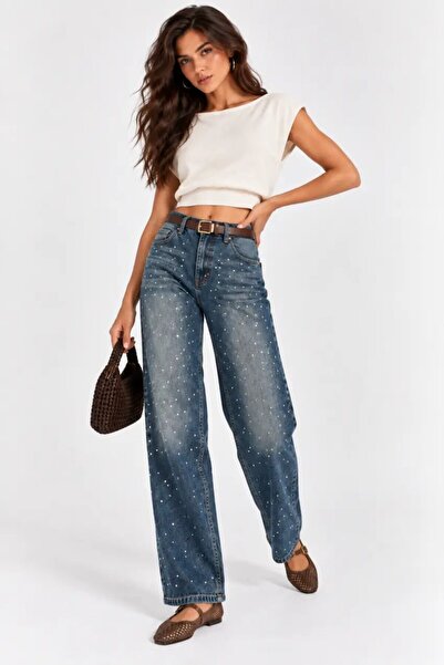 Cool & Sexy Women's Stone Detailed High Waist Wide Leg Jean Trousers
