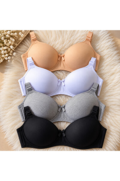 Tektaş Women's Lotus (Without Pad) Wireless No-Ballet Supporting 4-Piece Bra Set