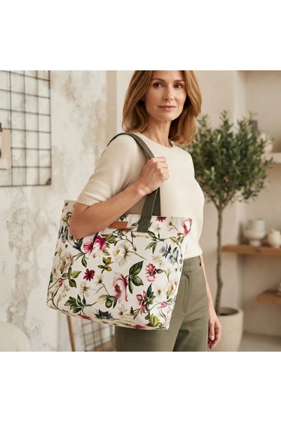 Elisss Design حقيبة كتف نسائية قطنية مع جيوب مزينة بالزهور