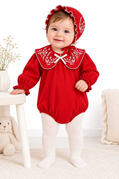 LİLİYUM %100 Pamuk Kız Bebek İşlemeli Fırfırlı Yaka Şapkalı Uzun Kollu 2'li T...