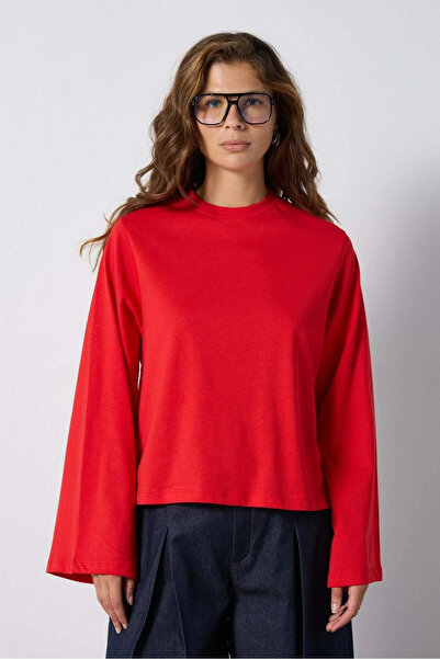 dgs look Basic Kadın %100 Pamuk Bisiklet Yaka Oversize Fit Uzun Kollu Kırmızı...