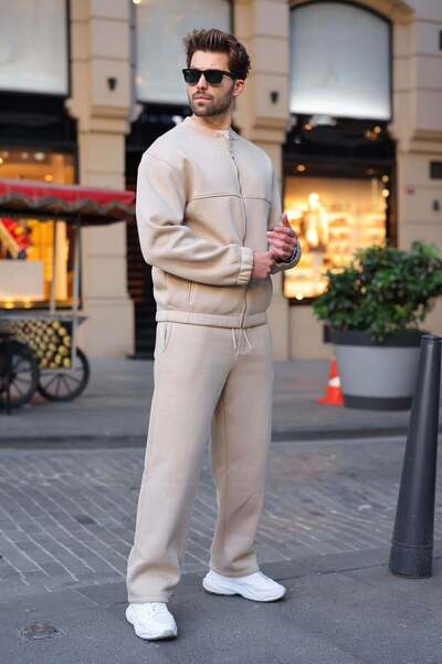 Madmext Beige Shardonlu College Collar Relaxed Fit Men's Tracksuit Set E7376