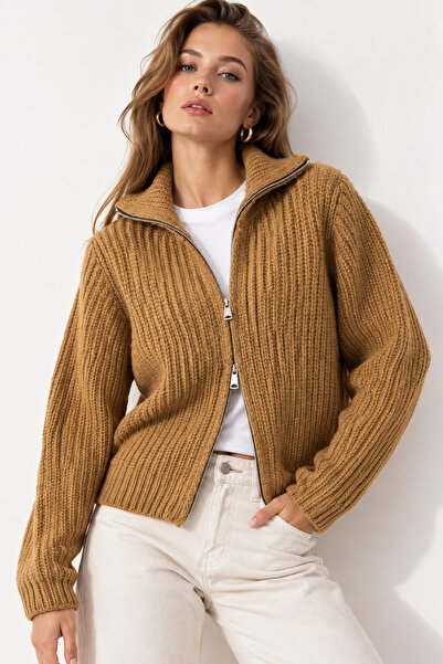 WILD BEE Women's Beige Double Zipper Soft Textured Knitwear Cardigan