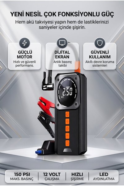 freedoomstyle Akü Takviye Cihazı 12V Araç Marş Basma Cihazı 150 PSI Dijital Hava Kompresörü Powerbank LED Fener Taşınabilir Akü Takviyeli Güçlü Hava Pompası
