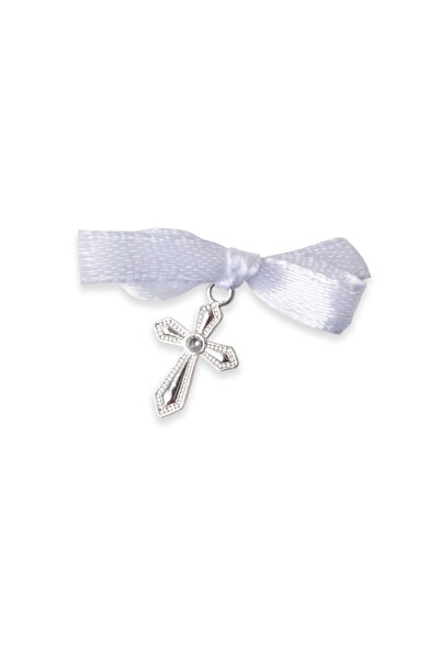 BUNILU Set 20 Cruciulite argintii si fundite din satin alb, marturie botez, c...