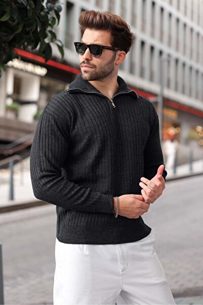 Madmext Anthracite Stand Collar Half Zipper Striped Men's Knitwear Sweater E7535