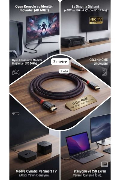ÇEÇEN HOME 1 قطعة كابل Winnboss بطول 3 أمتار عالي السرعة مضفر HDMI/HDTV 4K 60...