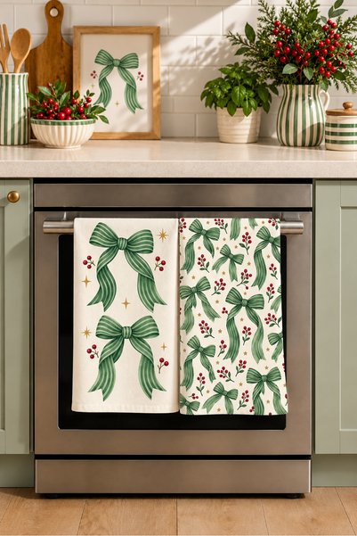 milbaygrup Ribbon Studio Yeşil Fiyonk Desenli 2'li Mutfak Havlusu Seti 40x60