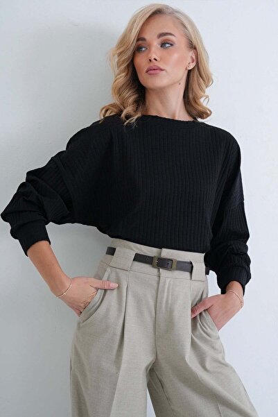 Trend Alaçatı Stili Women's black crew neck knit top with cuffed sleeves alc-...