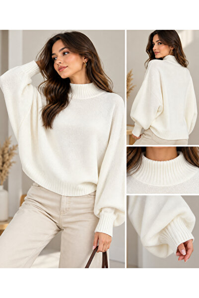 Ravello Collection Ravello Kadın Yarasa Kol Dik Yaka Triko Kazak – Standart B...