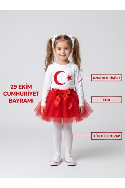 NACAR STORE Kız Çocuk BEYAZ AYYILDIZ UZUN KOL ve KIRMIZI TÜTÜ ETEK-KÜLOTLU ÇO...
