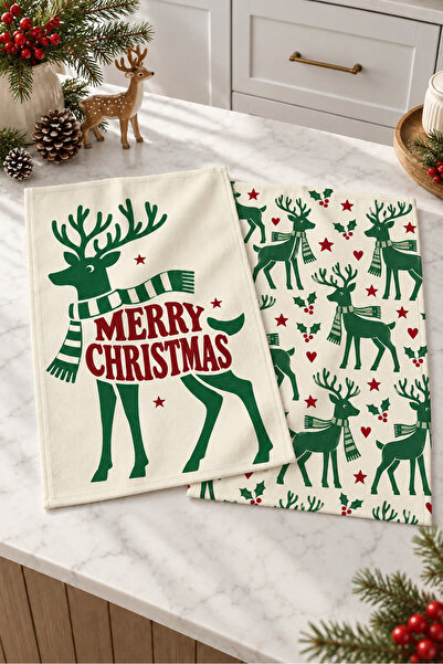 milbaygrup Deer Christmas Deer Patterned 2-Piece Kitchen Towel Set 40X60